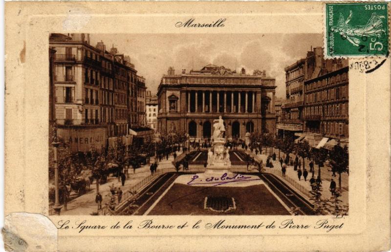 Carte postale ancienne Marseille Square de la Bourse Monument de Pierre Puget à Marseille
