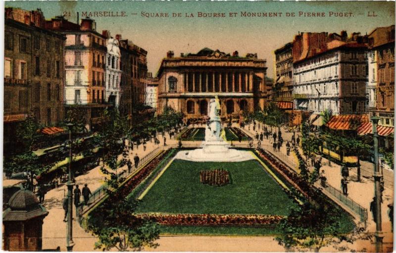 Carte postale ancienne Marseille Square de la Bourse Monument de Pierre Puget à Marseille