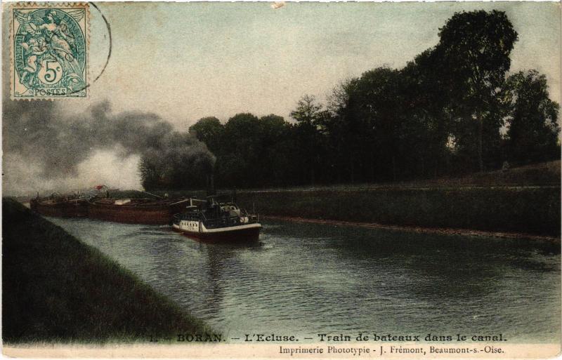 Carte postale ancienne Boran ecluse Train de bateaux dans le canal