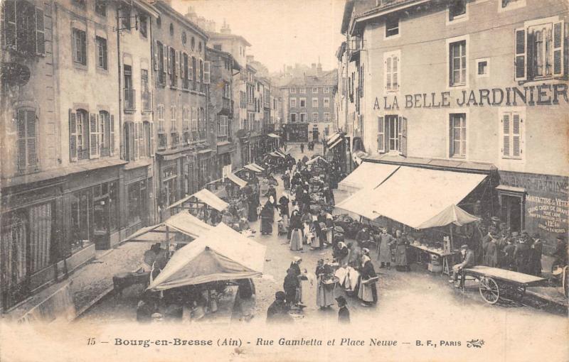 Carte postale ancienne Bourg En Bresse - Rue Gambetta Et Place Neuve à Bourg-en-Bresse