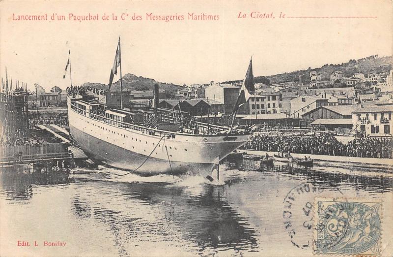 Carte postale ancienne La Ciotat - Lancement D'Un Paquebot De La Cie Des Messageries Maritimes à La Ciotat