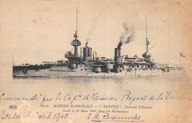 Carte postale ancienne Marine Nationale - Le Bouvet - Cuirasse Coule Aux Dardanelles En 1915