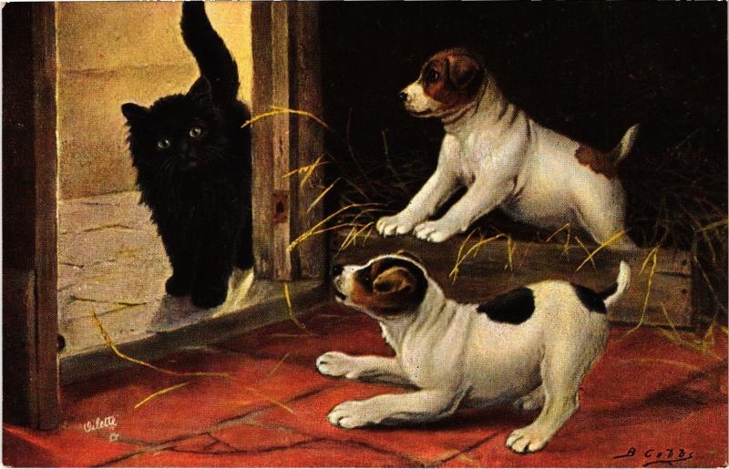 Carte postale ancienne Puppies and cat Dogs